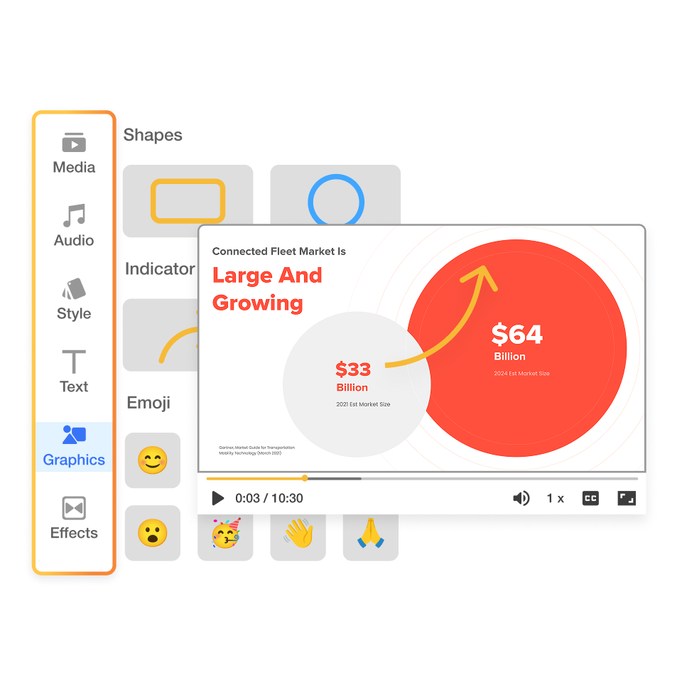 Edit and enhance slides using Visla’s scene-based editor inside the AI presentation video maker.